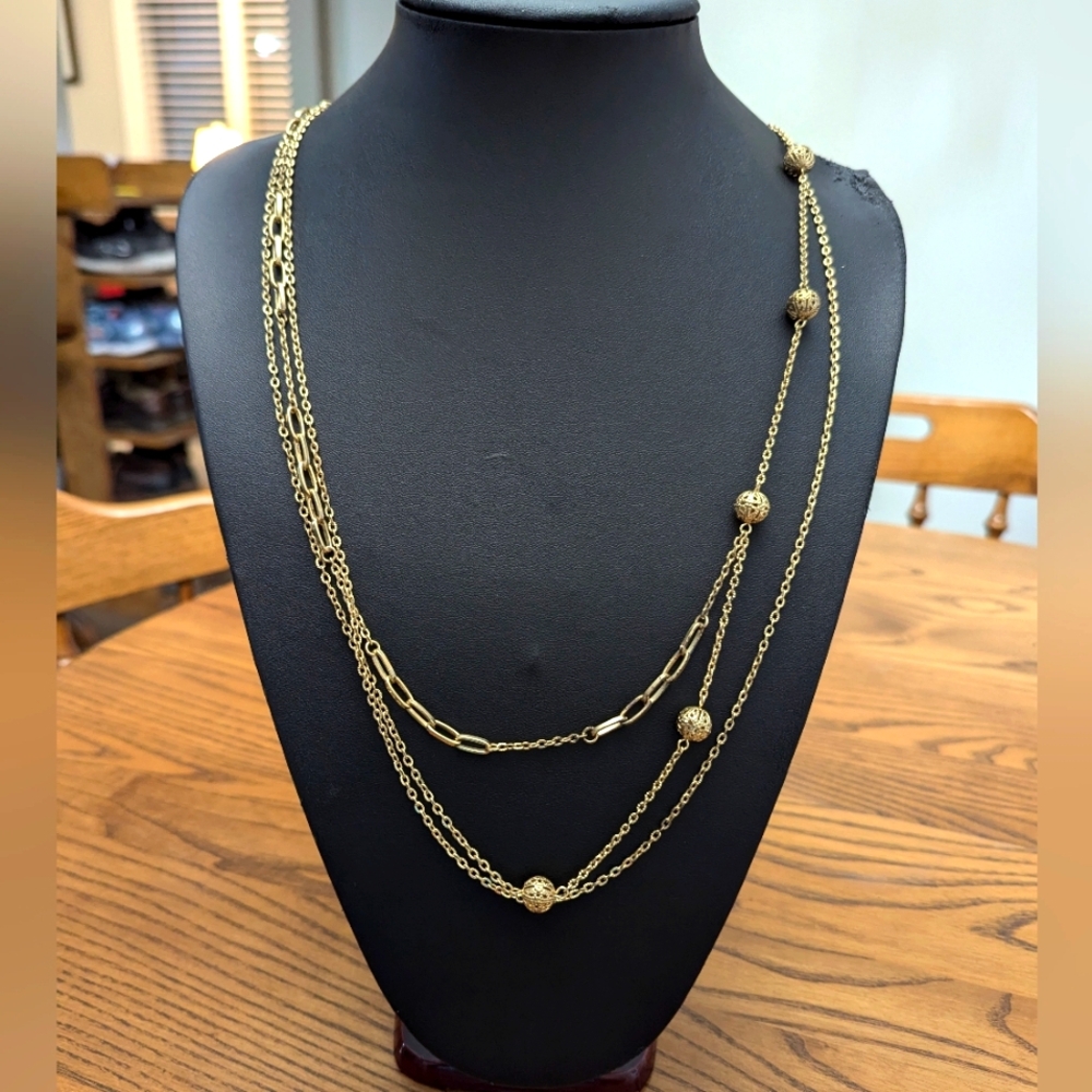 - Tiered gold tone Ball and Chain Necklace. Layers. Filagree Balls. 27 inc…